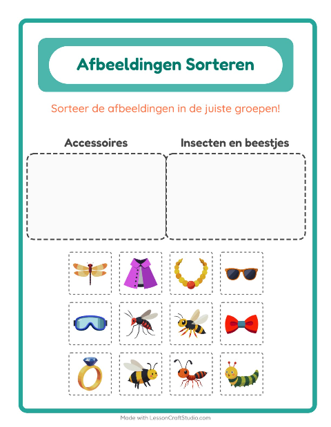 Voorbeeld van het Beelden Sorteren-werkblad voor kleuterklas