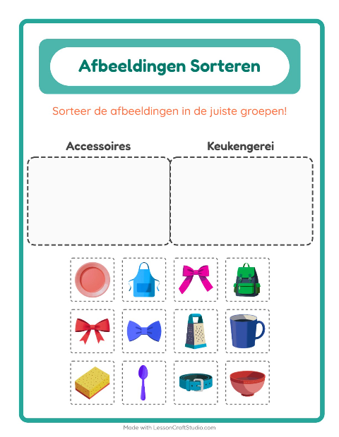 Voorbeeld van Plaatjes sorteren: Accessoires en Keukengerei – werkblad voor kleuters