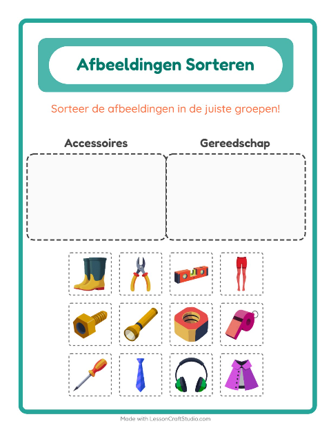 Voorbeeld van het Beelden Sorteren-werkblad voor kleuterklas