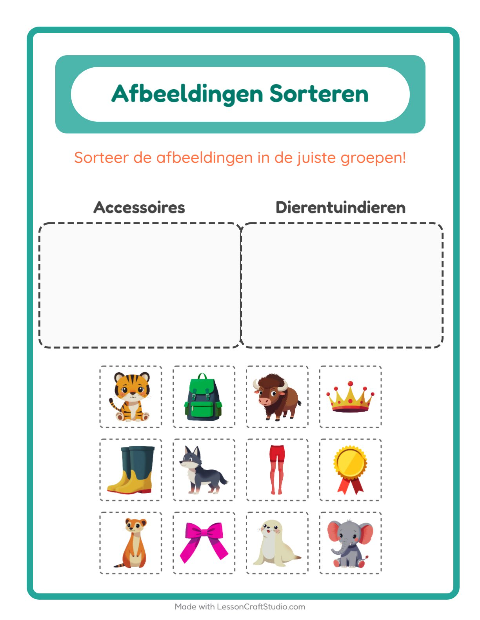 Voorbeeld van het Beelden Sorteren-werkblad voor kleuterklas