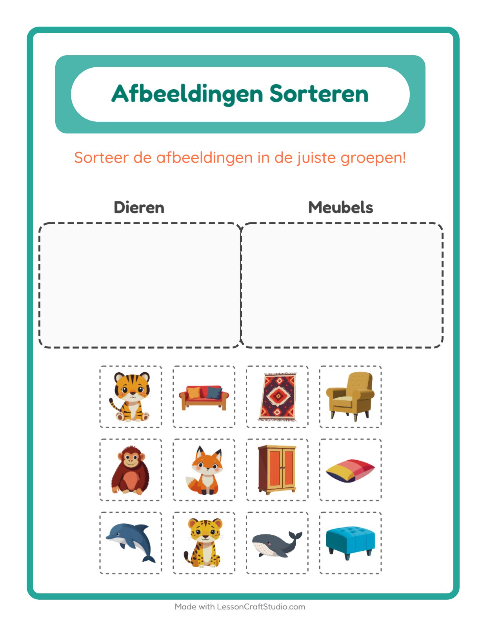 Voorbeeld van Plaatjes sorteren: Dieren en Meubels – werkblad voor kleuters