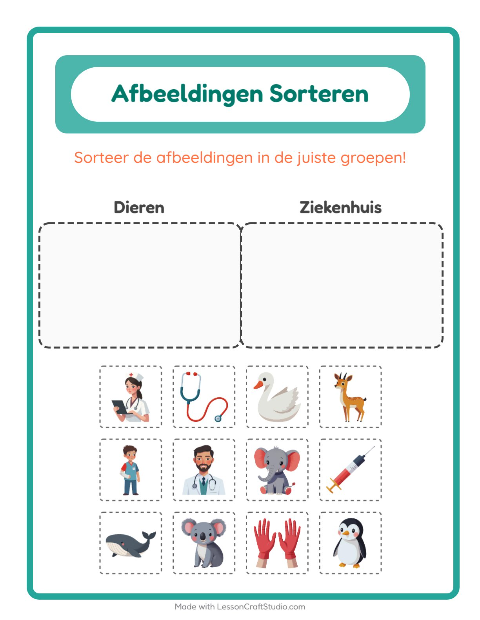 Voorbeeld van het Beelden Sorteren-werkblad voor kleuterklas