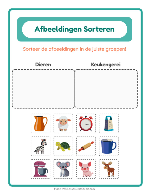 Voorbeeld van Plaatjes sorteren: Dieren en Keukengerei – werkblad voor kleuters