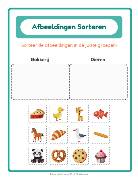 Voorbeeld van Plaatjes sorteren: Bakkerij en Dieren – werkblad voor kleuters