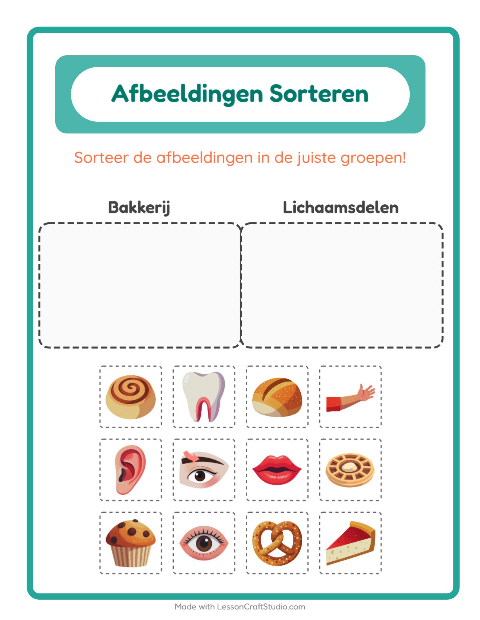 Voorbeeld van het Beelden Sorteren-werkblad voor kleuterklas