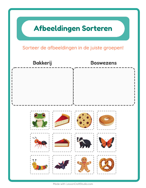 Voorbeeld van Plaatjes sorteren: Bakkerij en Boswezens – werkblad voor kleuters