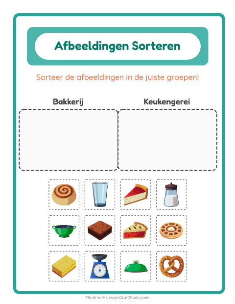Voorbeeld van Plaatjes sorteren: Bakkerij en Keukengerei – werkblad voor kleuters