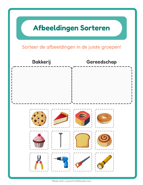 Voorbeeld van het Beelden Sorteren-werkblad voor kleuterklas