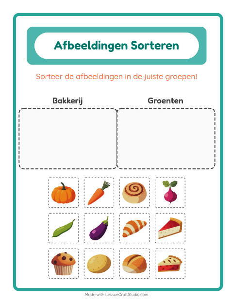 Voorbeeld van Plaatjes sorteren: Bakkerij en Groenten – werkblad voor kleuters