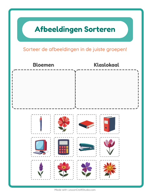 Voorbeeld van het Beelden Sorteren-werkblad voor kleuterklas