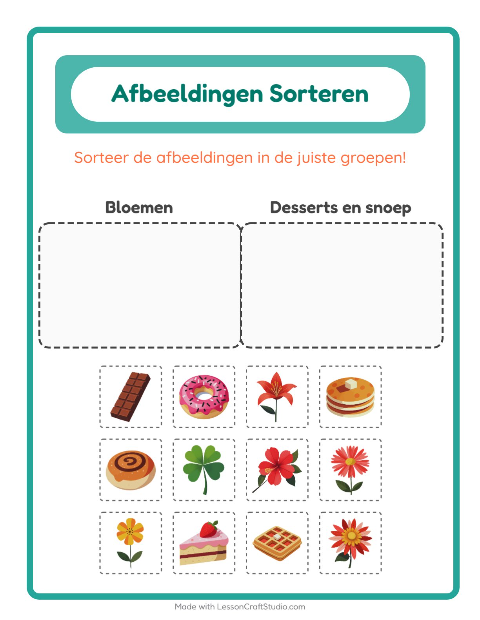 Voorbeeld van het Beelden Sorteren-werkblad voor kleuterklas