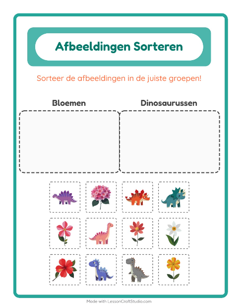 Voorbeeld van Plaatjes sorteren: Bloemen en Dinosaurussen – werkblad voor kleuters