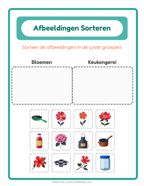 Voorbeeld van het Beelden Sorteren-werkblad voor kleuterklas
