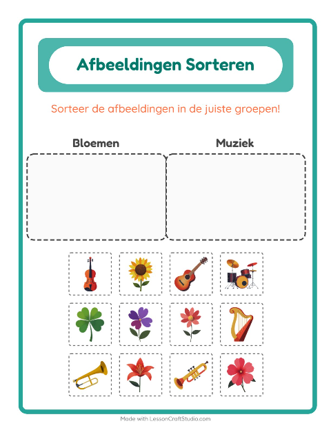 Voorbeeld van het Beelden Sorteren-werkblad voor kleuterklas