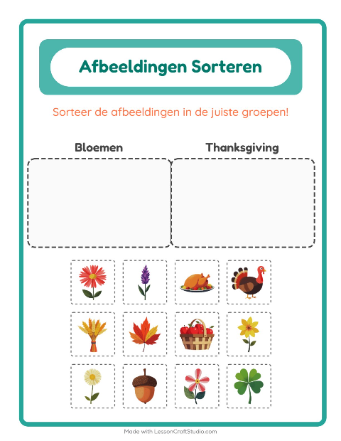 Voorbeeld van het Beelden Sorteren-werkblad voor kleuterklas