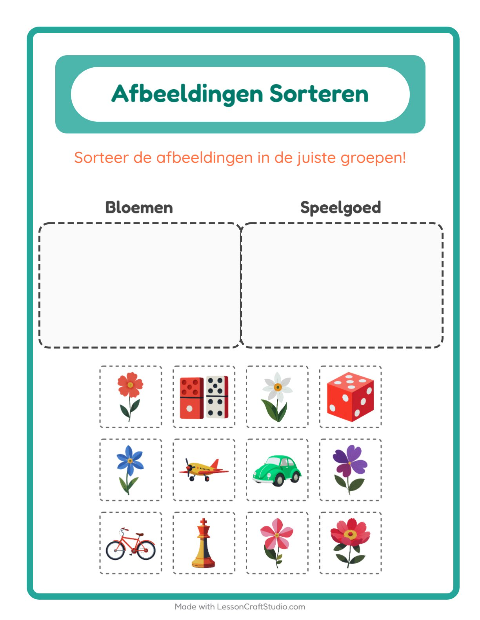Voorbeeld van het Beelden Sorteren-werkblad voor kleuterklas