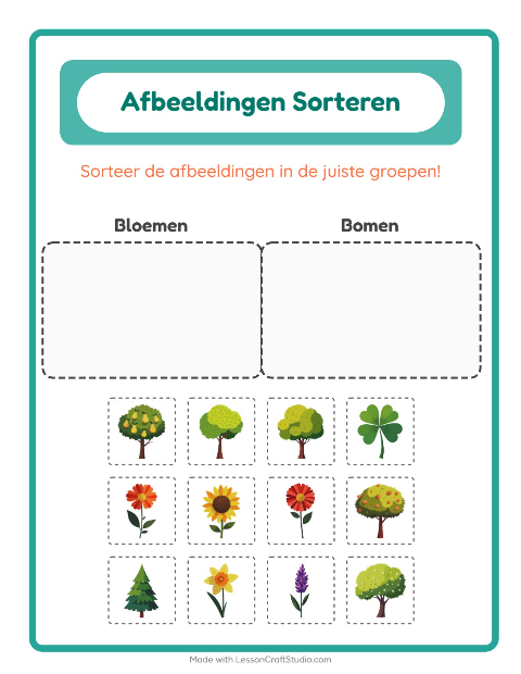Voorbeeld van het Beelden Sorteren-werkblad voor kleuterklas