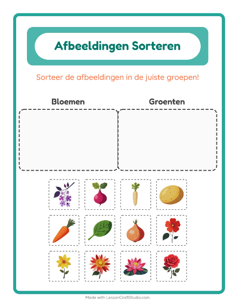 Voorbeeld van Plaatjes sorteren: Bloemen en Groenten – werkblad voor kleuters