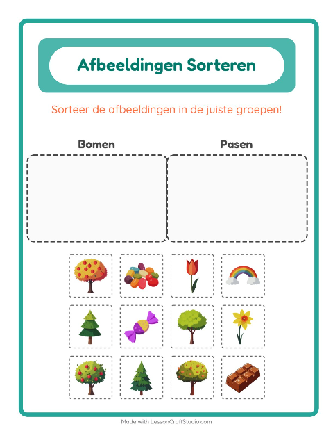 Voorbeeld van het Beelden Sorteren-werkblad voor kleuterklas
