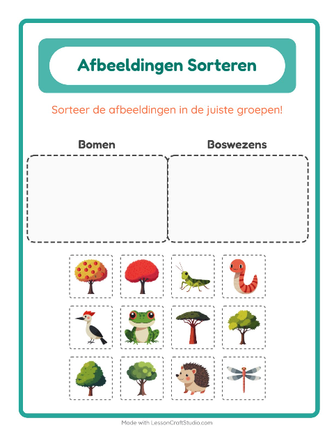Voorbeeld van Plaatjes sorteren: Bomen en Boswezens – werkblad voor kleuters