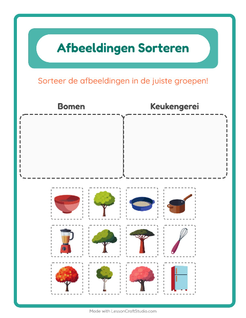 Voorbeeld van Plaatjes sorteren: Bomen en Keukengerei – werkblad voor kleuters