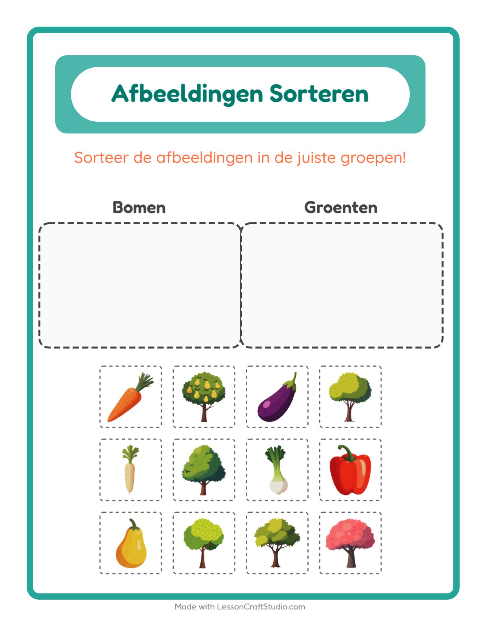 Voorbeeld van Plaatjes sorteren: Bomen en Groenten – werkblad voor kleuters
