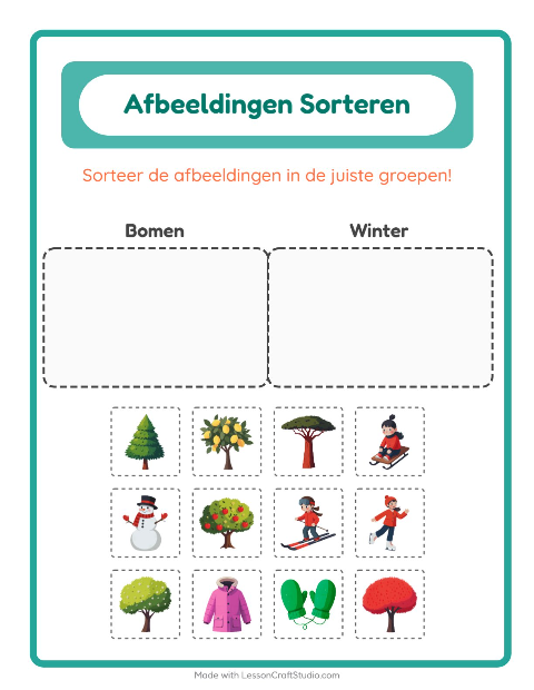 Voorbeeld van het Beelden Sorteren-werkblad voor kleuterklas