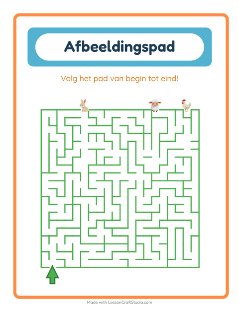 Voorbeeld van Volg het juiste pad met dieren – werkblad voor kleuters