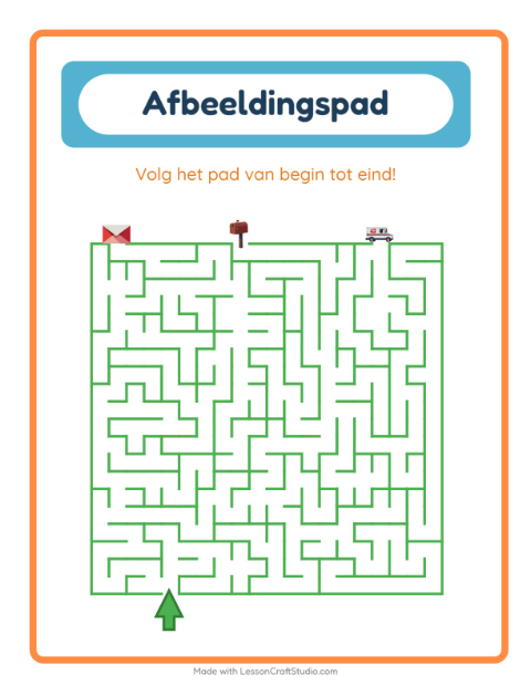 Voorbeeld van het Beeldpad-werkblad met Postkantoor voor kleuterklas