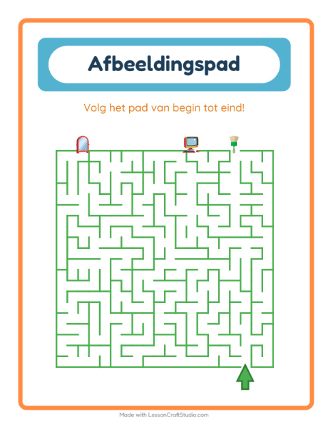 Voorbeeld van het Beeldpad-werkblad met Rond het huis voor kleuterklas