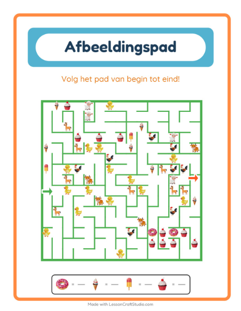 Voorbeeld van Vind de weg door het doolhof met toetjes – werkblad voor kleuters