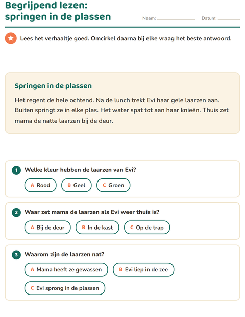 Voorbeeld van het Begrijpend lezen-werkblad voor groep 4
