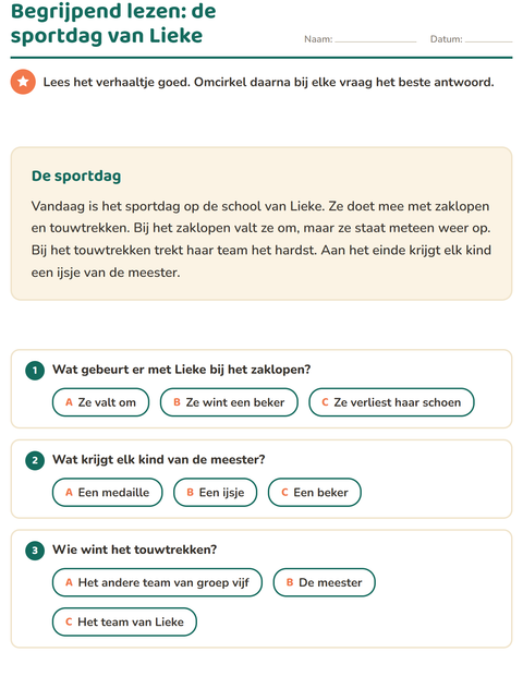 Voorbeeld van het Begrijpend lezen-werkblad voor groep 4