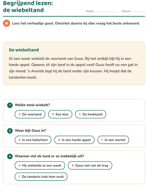 Voorbeeld van het Begrijpend lezen-werkblad voor groep 4
