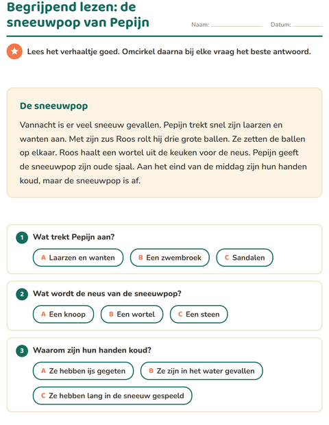 Voorbeeld van het Begrijpend lezen-werkblad voor groep 4