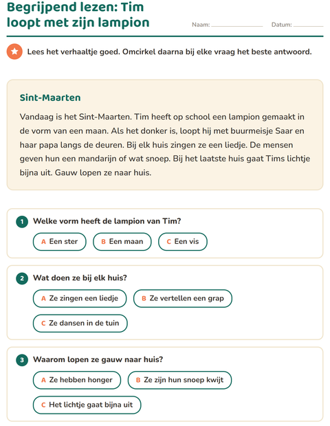 Voorbeeld van het Begrijpend lezen-werkblad voor groep 4