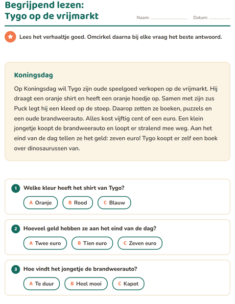 Voorbeeld van het Begrijpend lezen-werkblad voor groep 4