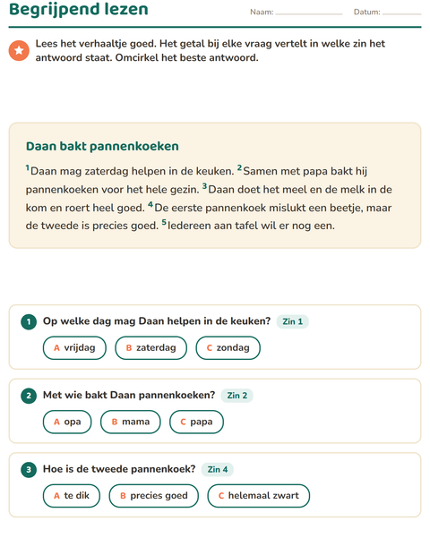 Voorbeeld van het Begrijpend lezen-werkblad voor groep 4