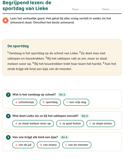 Voorbeeld van het Begrijpend lezen-werkblad voor groep 4