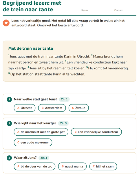 Voorbeeld van het Begrijpend lezen-werkblad voor groep 4