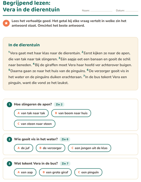 Voorbeeld van het Begrijpend lezen-werkblad voor groep 4