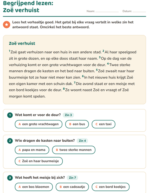 Voorbeeld van het Begrijpend lezen-werkblad voor groep 4