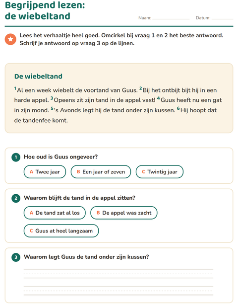 Voorbeeld van het Begrijpend lezen-werkblad voor groep 4