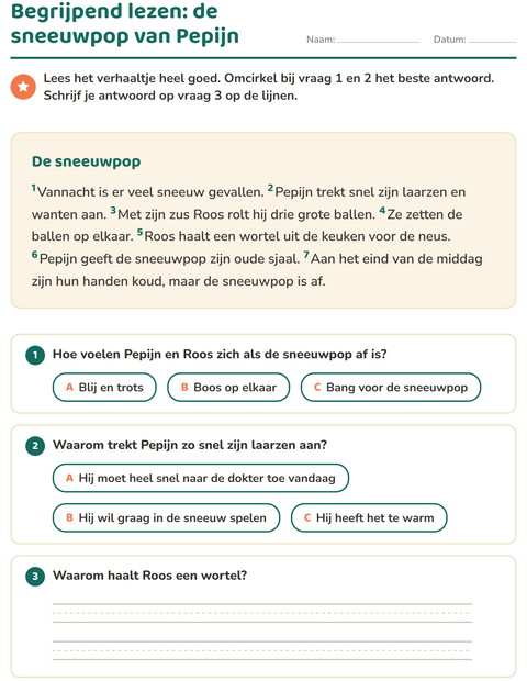 Voorbeeld van het Begrijpend lezen-werkblad voor groep 4