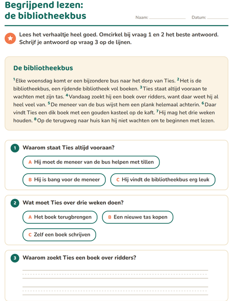 Voorbeeld van het Begrijpend lezen-werkblad voor groep 4