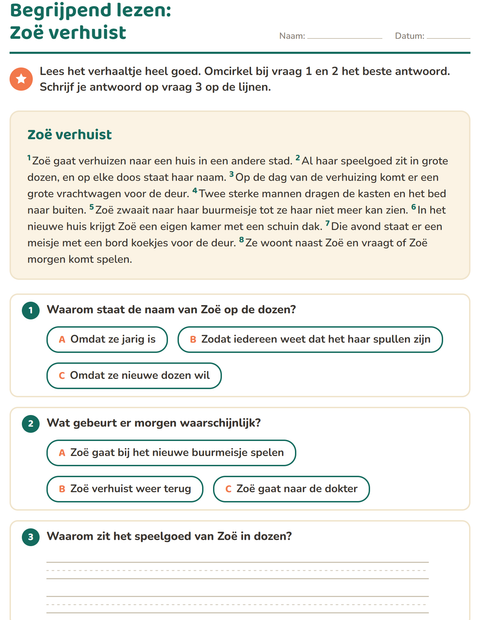 Voorbeeld van het Begrijpend lezen-werkblad voor groep 4