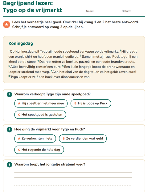Voorbeeld van het Begrijpend lezen-werkblad voor groep 4