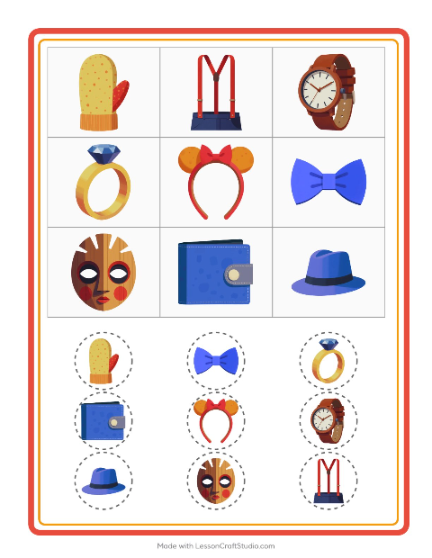 Voorbeeld van het Bingo-werkblad met Accessoires voor kleuterklas