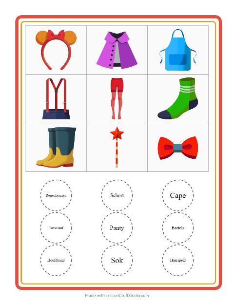 Voorbeeld van het Bingo-werkblad met Accessoires voor kleuterklas
