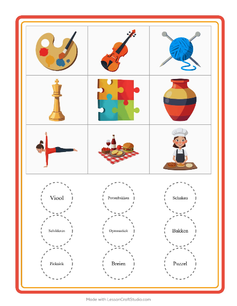 Voorbeeld van het Bingo-werkblad met Activiteiten voor kleuterklas